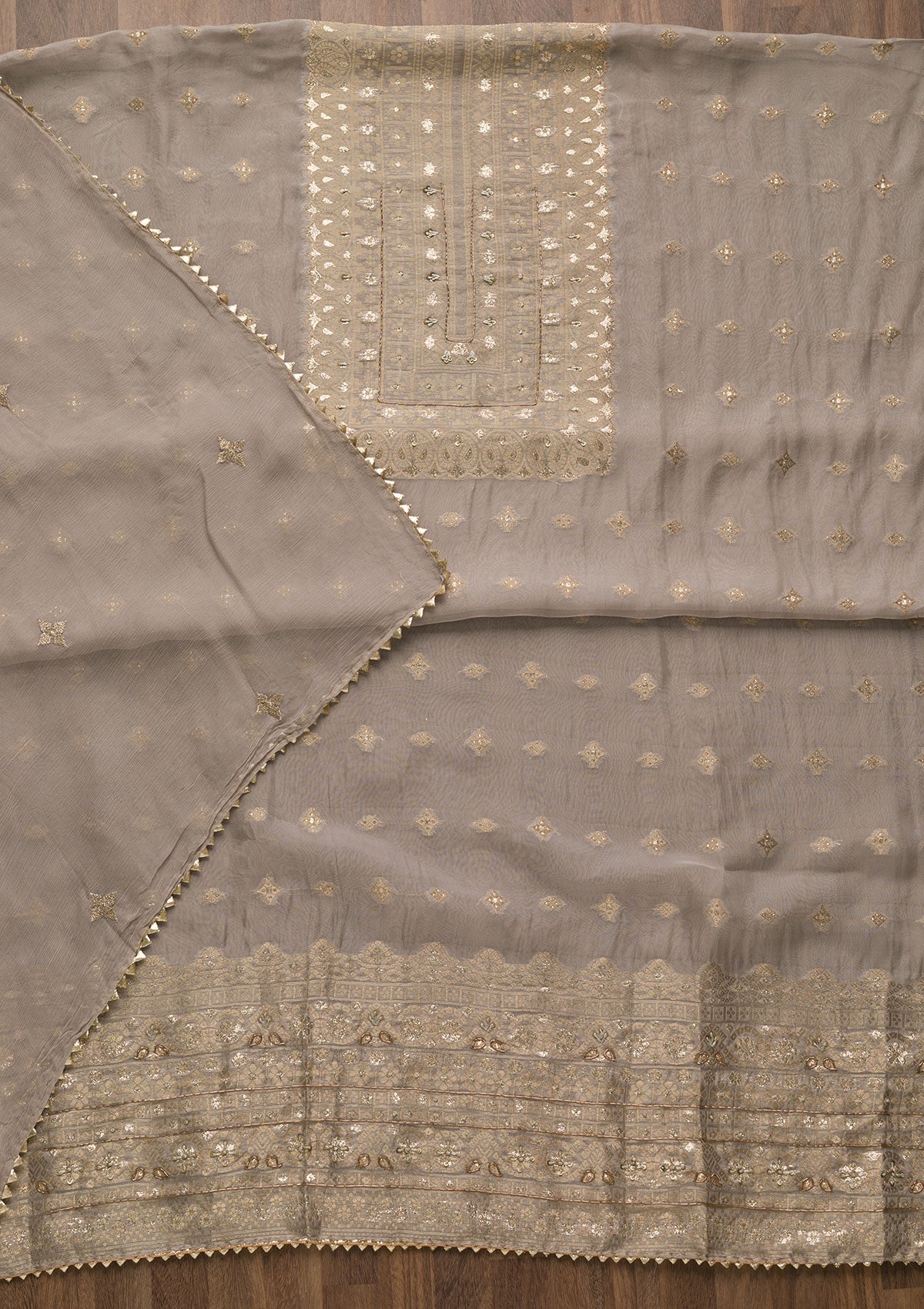 Grey Zariwork Georgette Unstitched Salwar Suit-Koskii