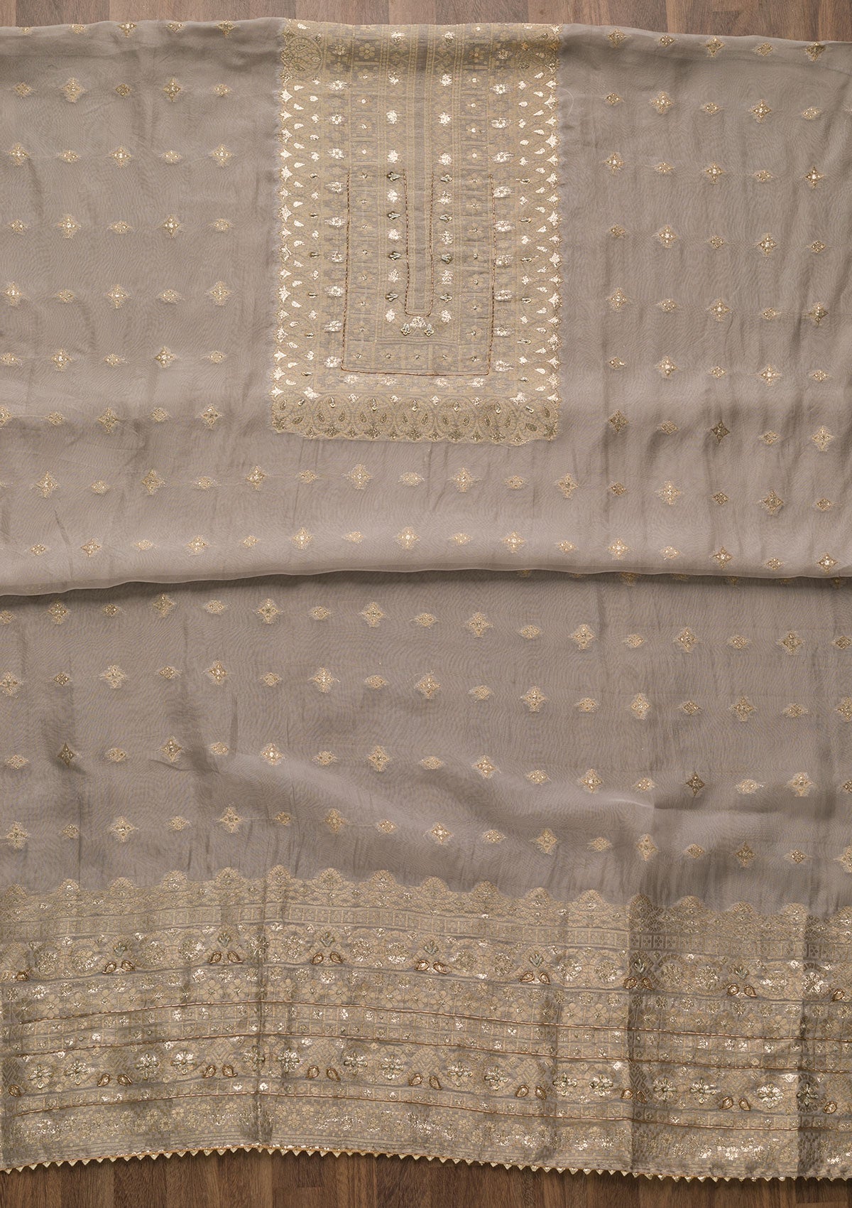 Grey Zariwork Georgette Unstitched Salwar Suit-Koskii