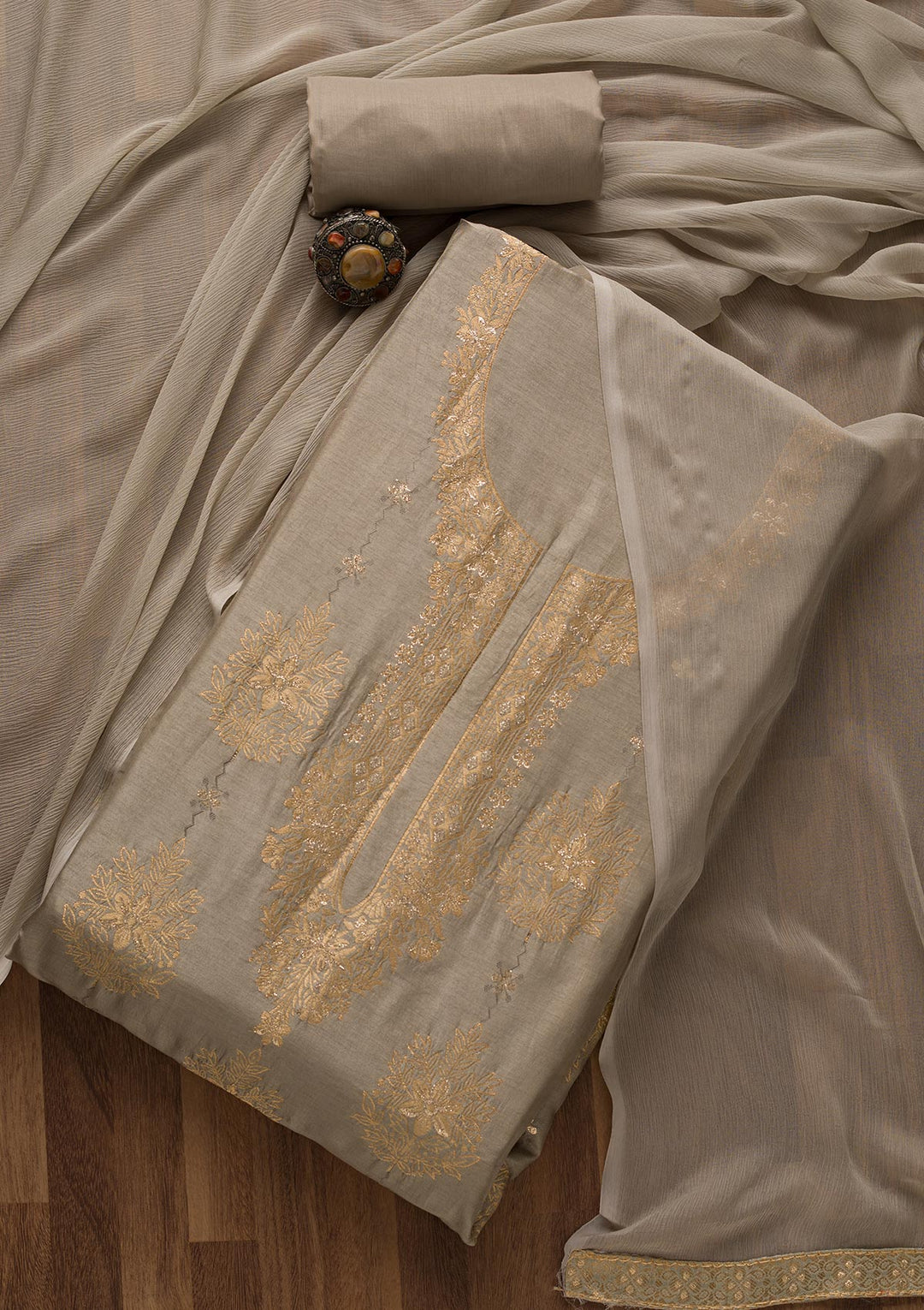 Grey Zariwork Semi Crepe Unstitched Salwar Suit-Koskii