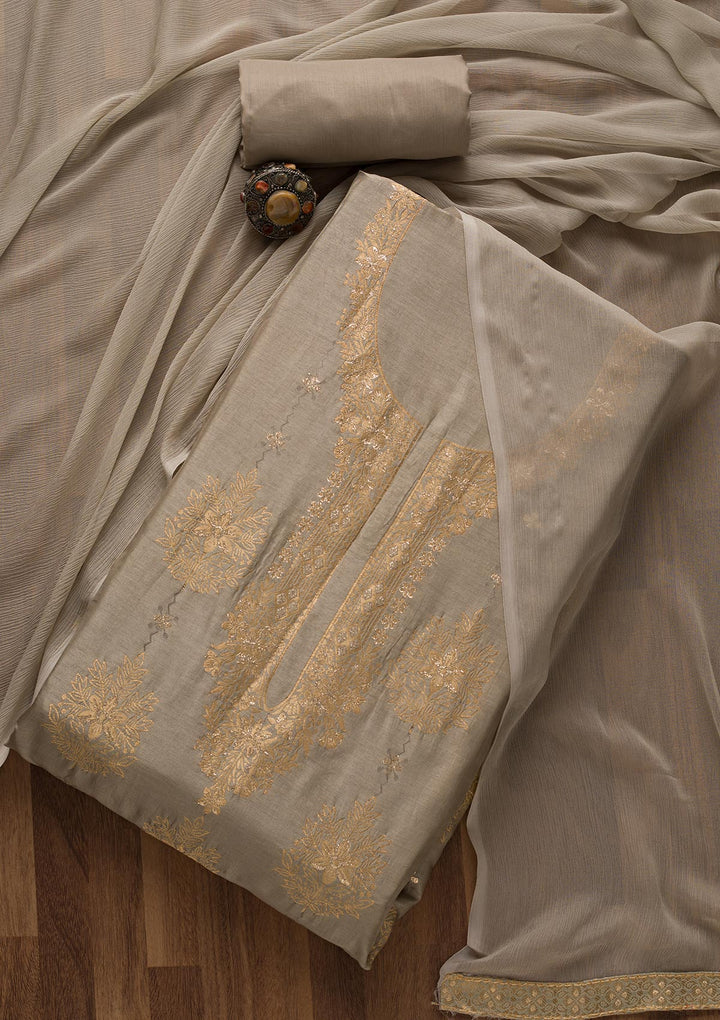 Grey Zariwork Semi Crepe Unstitched Salwar Suit-Koskii