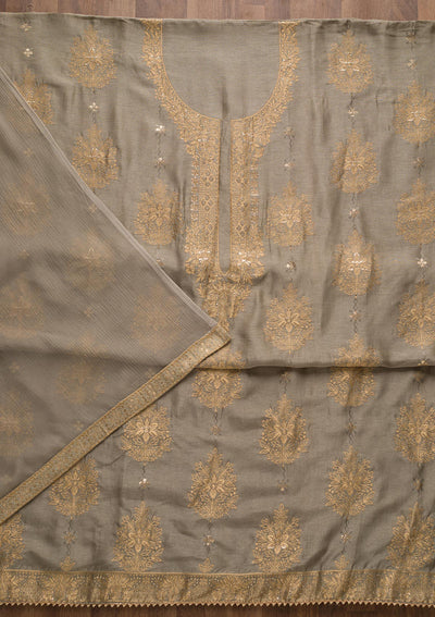 Grey Zariwork Semi Crepe Unstitched Salwar Suit-Koskii