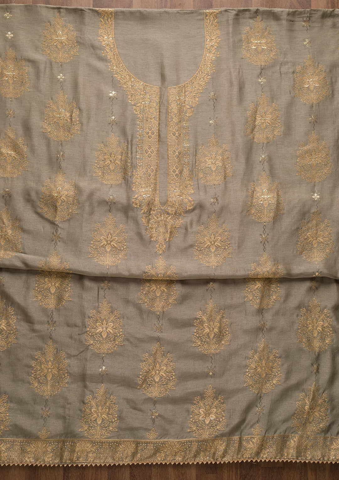 Grey Zariwork Semi Crepe Unstitched Salwar Suit-Koskii