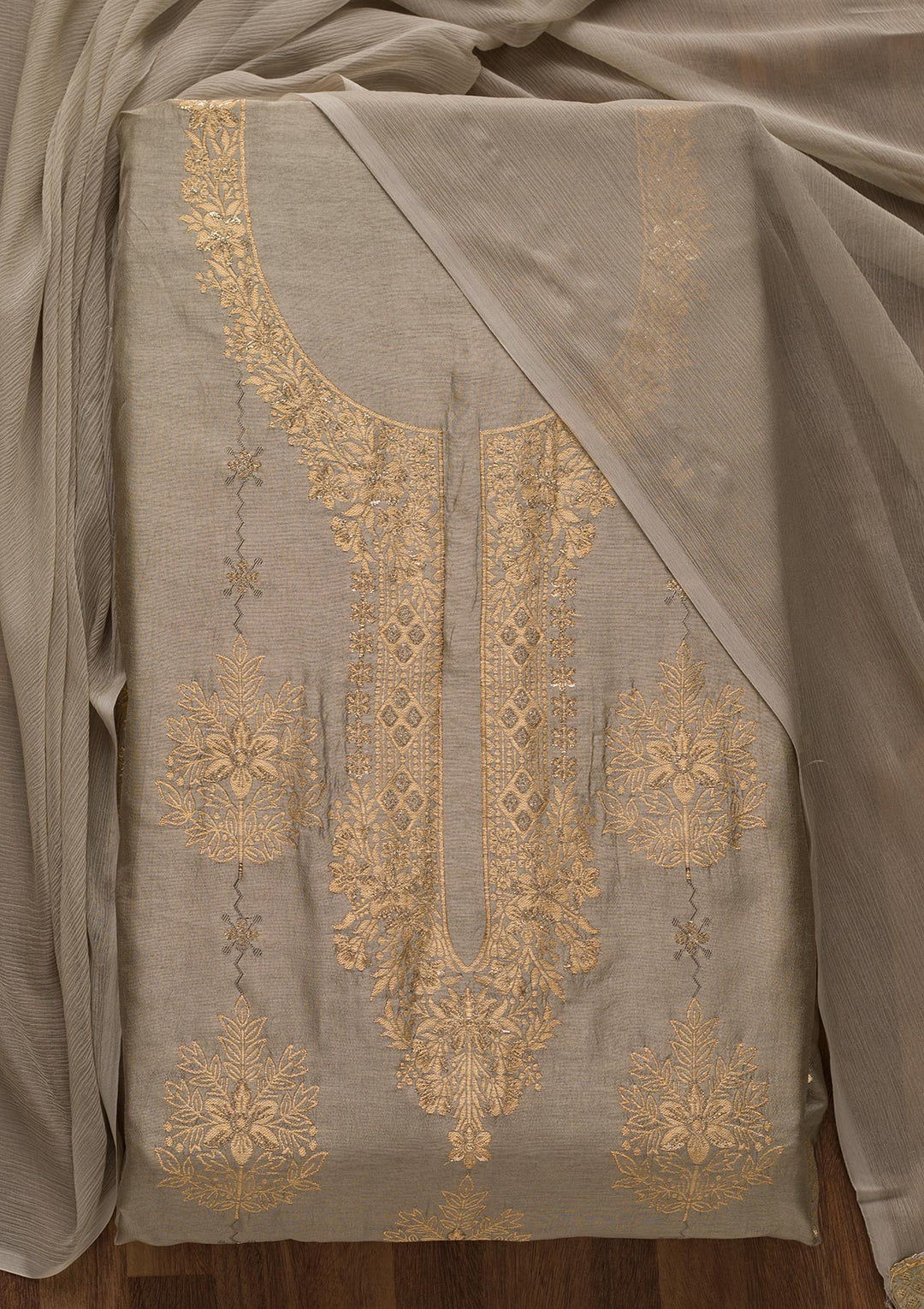 Grey Zariwork Semi Crepe Unstitched Salwar Suit-Koskii