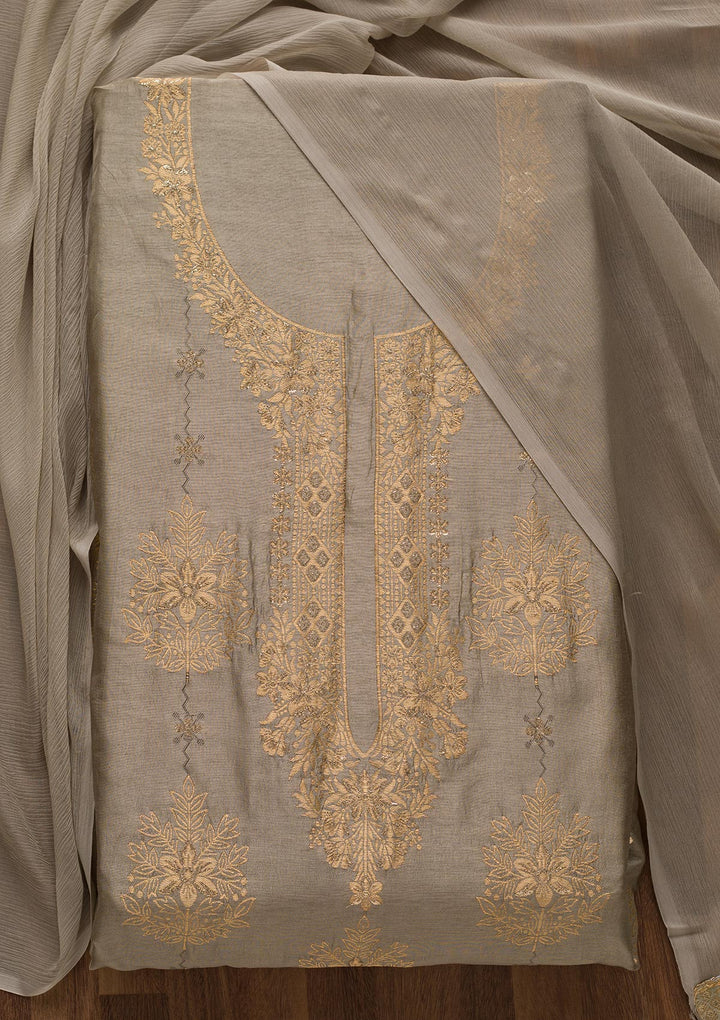 Grey Zariwork Semi Crepe Unstitched Salwar Suit-Koskii