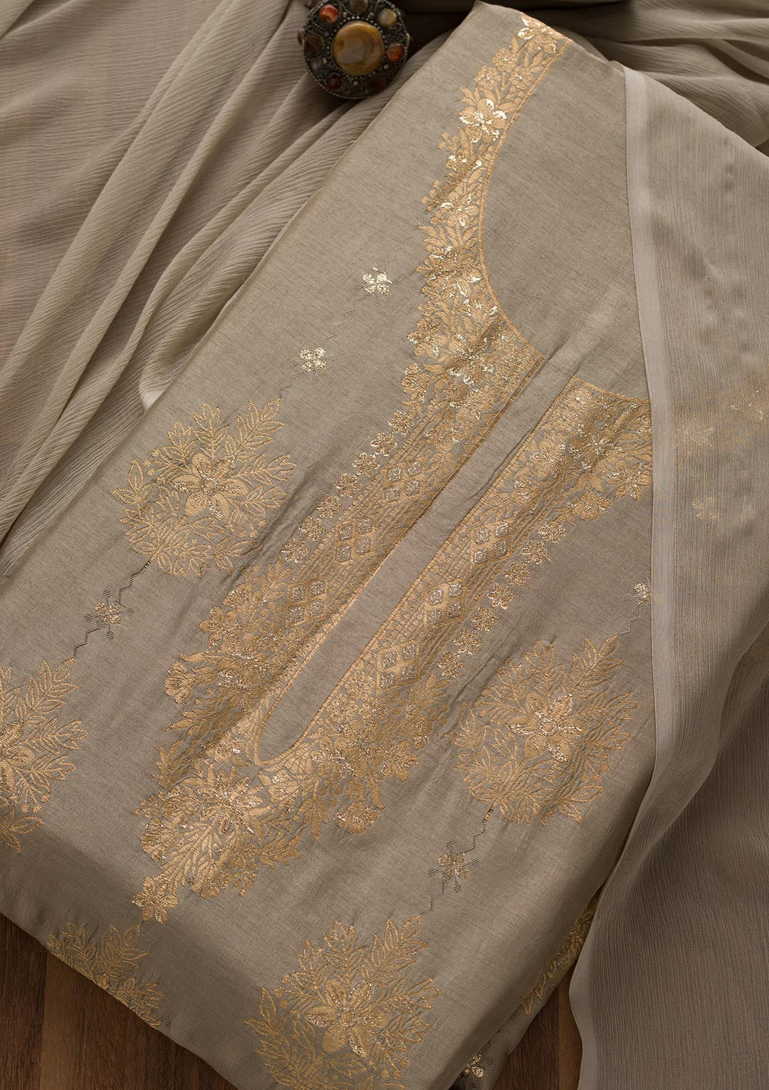 Grey Zariwork Semi Crepe Unstitched Salwar Suit-Koskii