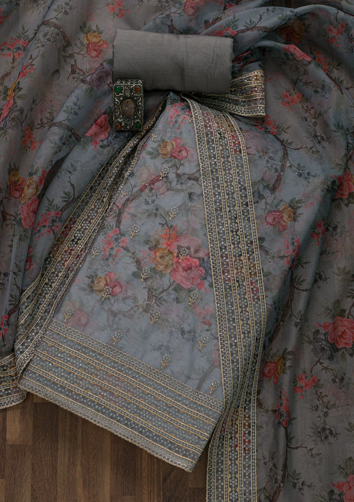 Grey Zariwork Semi Crepe Unstitched Salwar Suit-Koskii