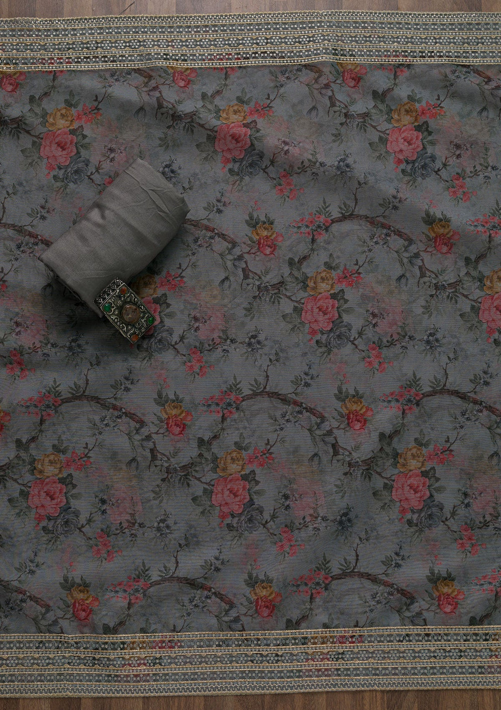 Grey Zariwork Semi Crepe Unstitched Salwar Kameez-Koskii