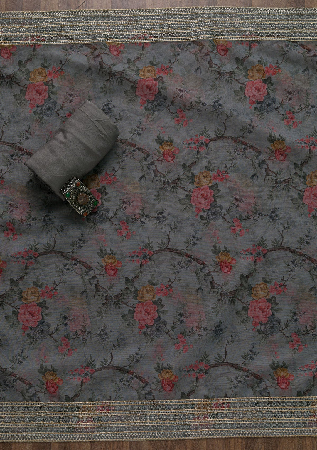 Grey Zariwork Semi Crepe Unstitched Salwar Kameez-Koskii