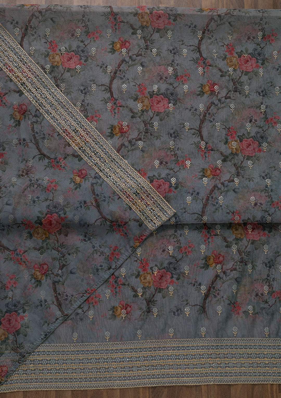 Grey Zariwork Semi Crepe Unstitched Salwar Kameez-Koskii