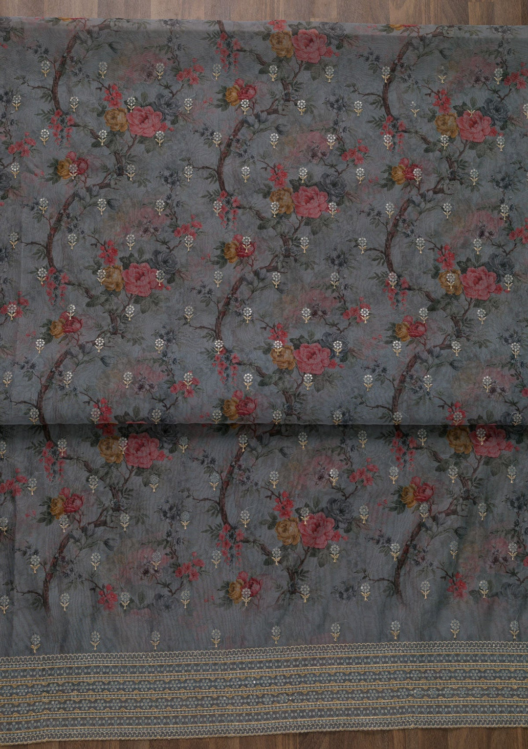 Grey Zariwork Semi Crepe Unstitched Salwar Kameez-Koskii