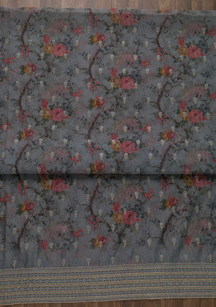 Grey Zariwork Semi Crepe Unstitched Salwar Kameez-Koskii