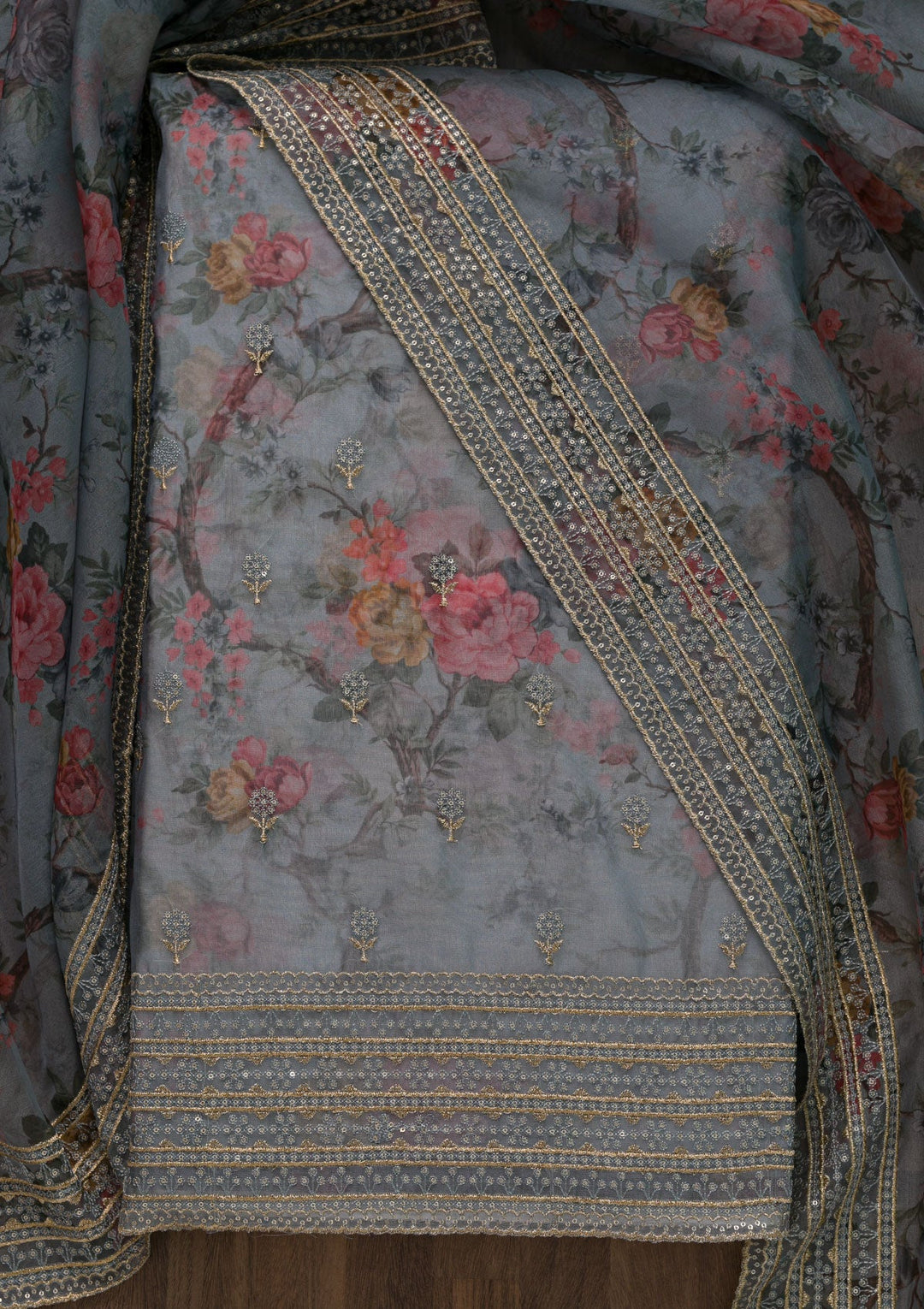 Grey Zariwork Semi Crepe Unstitched Salwar Kameez-Koskii