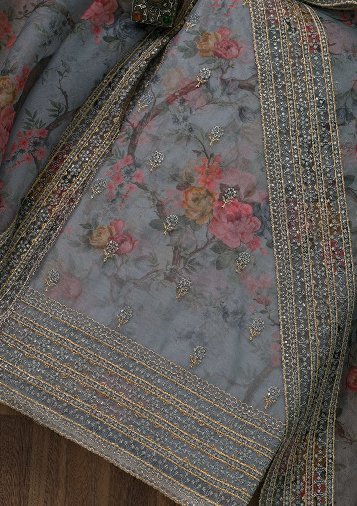 Grey Zariwork Semi Crepe Unstitched Salwar Kameez-Koskii