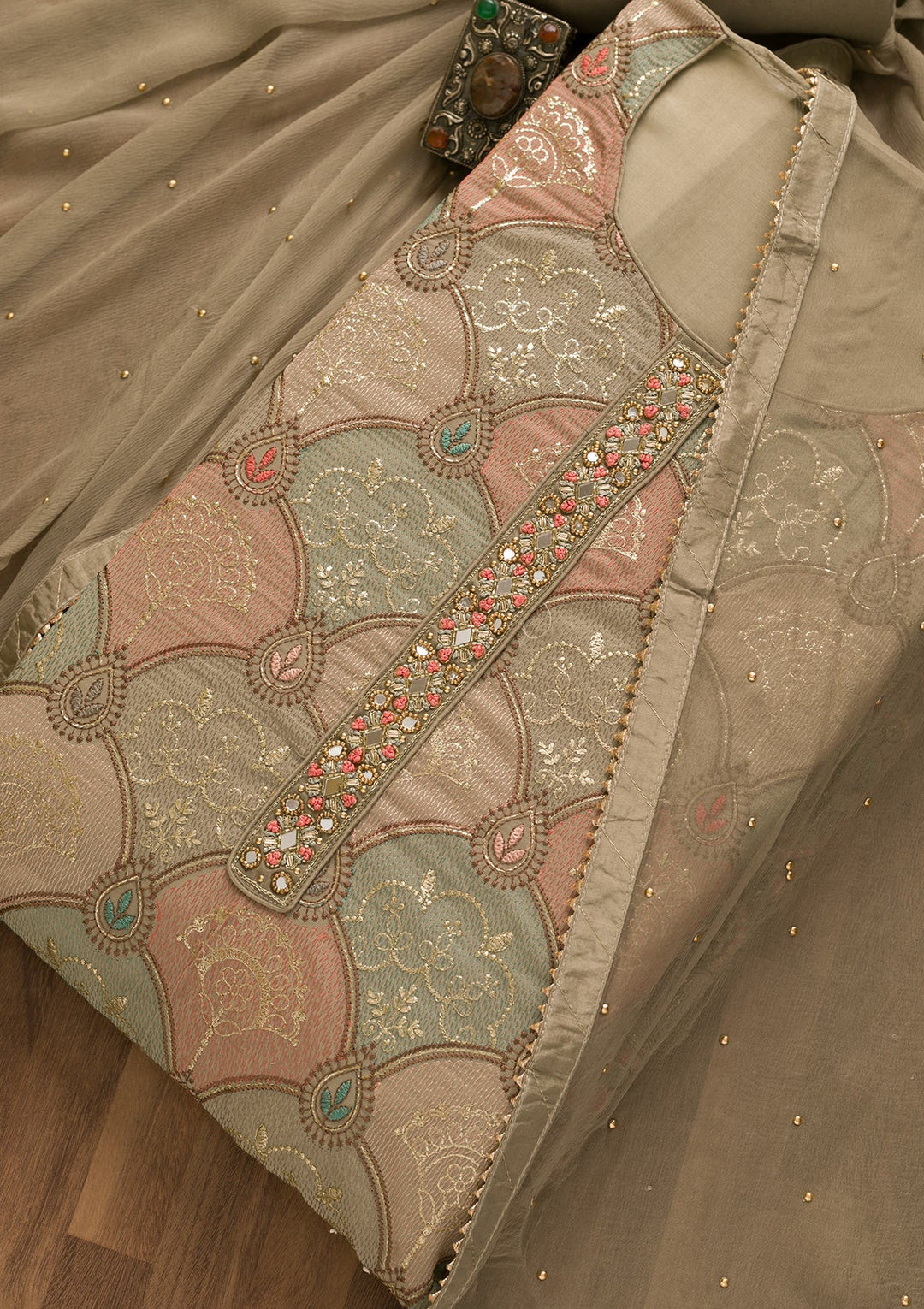 Grey Zariwork Poly Chanderi Unstitched Salwar Kameez-Koskii
