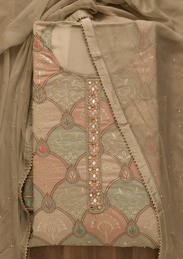 Grey Zariwork Poly Chanderi Unstitched Salwar Kameez-Koskii