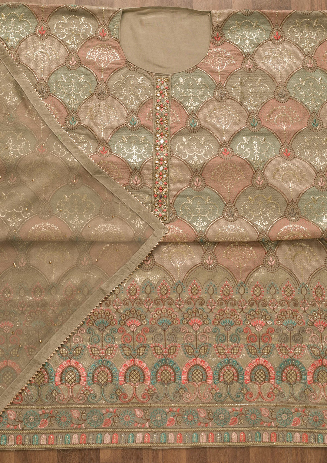 Grey Zariwork Poly Chanderi Unstitched Salwar Kameez-Koskii