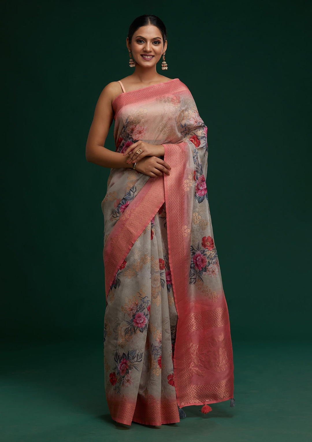 Grey Zariwork Taffeta Silk Saree- Koskii