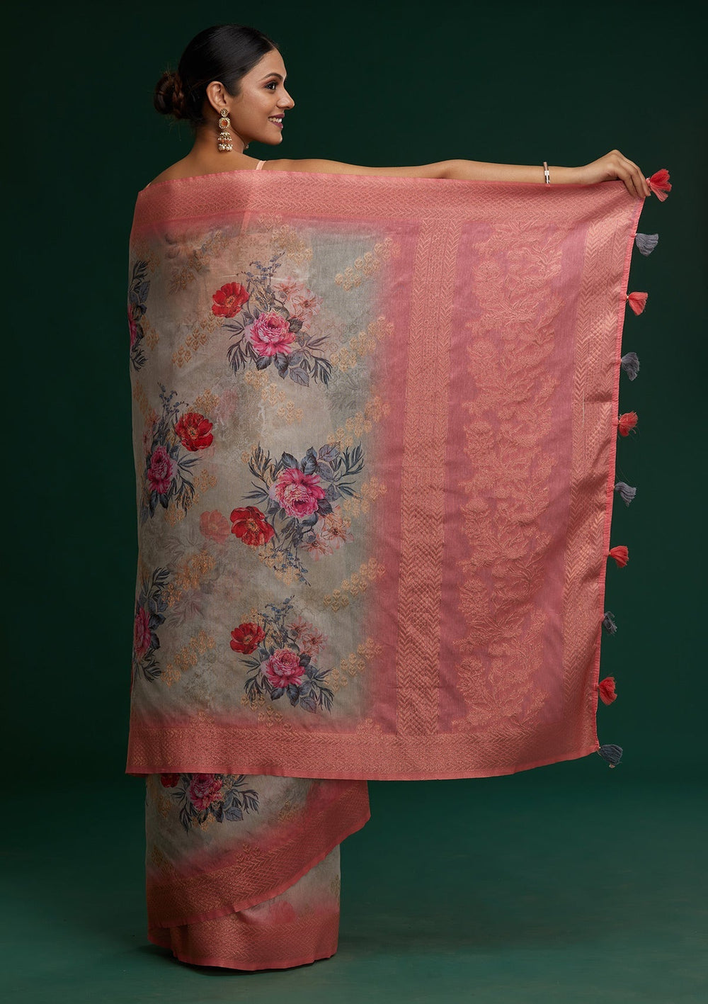 Grey Zariwork Taffeta Silk Saree - Koskii