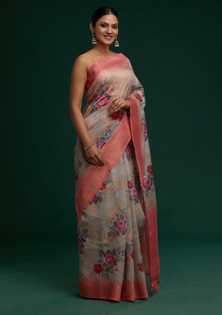 Grey Zariwork Taffeta Silk Saree - Koskii