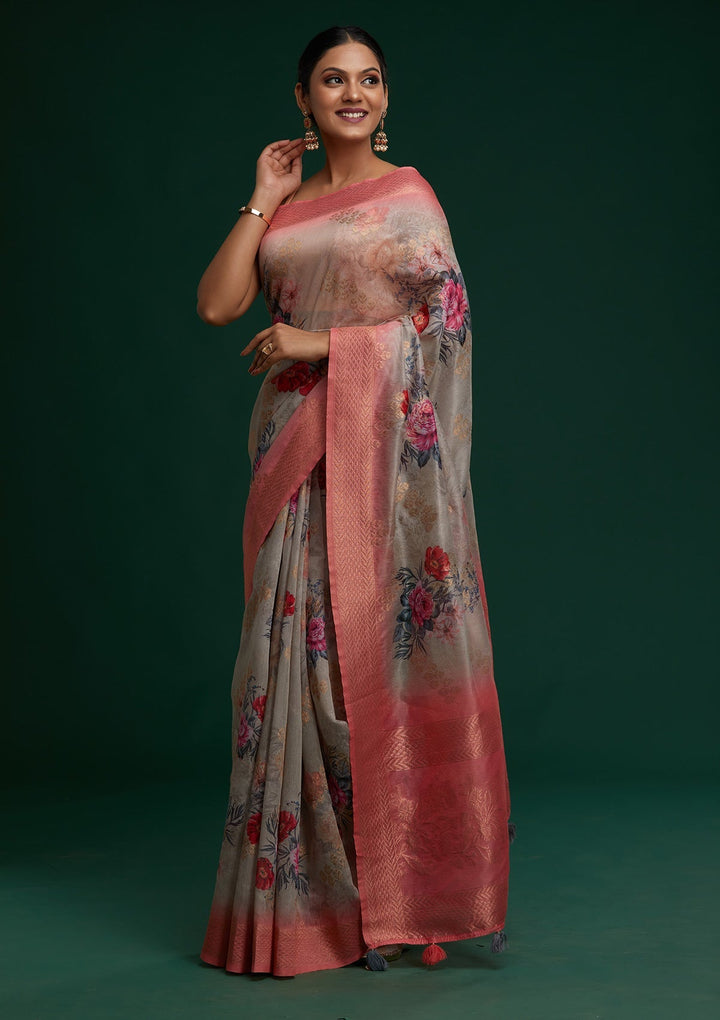 Grey Zariwork Taffeta Silk Saree - Koskii
