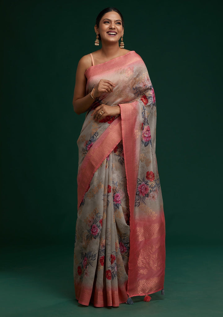 Grey Zariwork Taffeta Silk Saree - Koskii