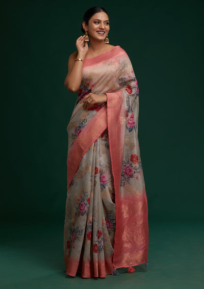 Grey Zariwork Taffeta Silk Saree - Koskii