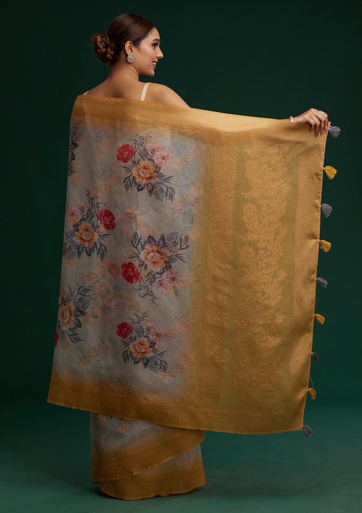 Grey Zariwork Taffeta Silk Saree - Koskii