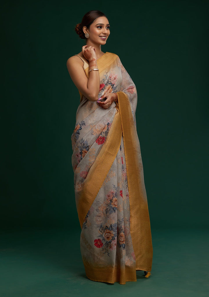 Grey Zariwork Taffeta Silk Saree - Koskii