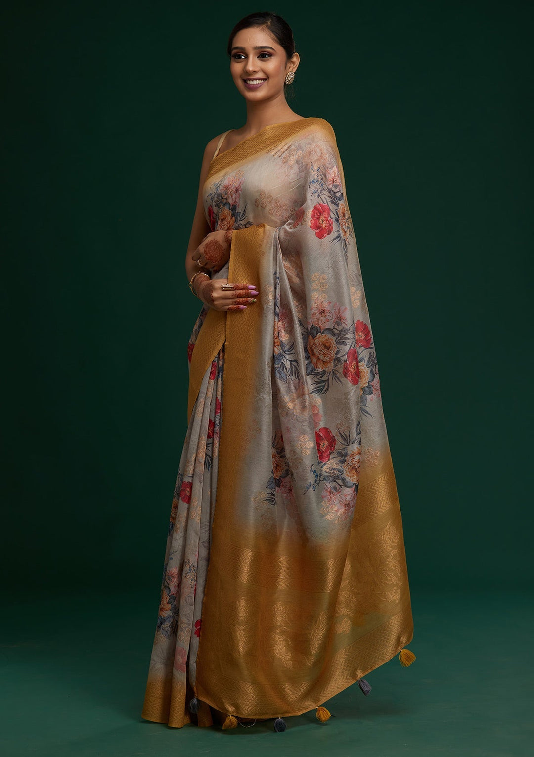 Grey Zariwork Taffeta Silk Saree - Koskii