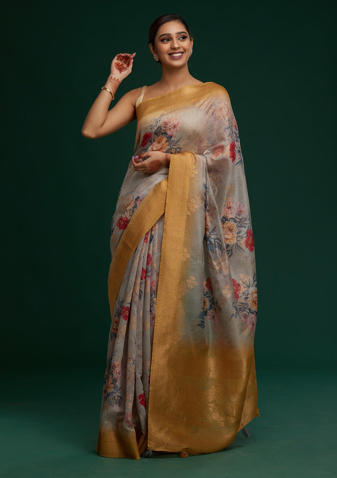 Grey Zariwork Taffeta Silk Saree - Koskii