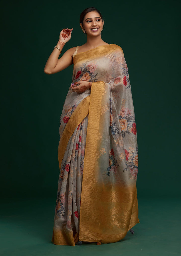 Grey Zariwork Taffeta Silk Saree - Koskii