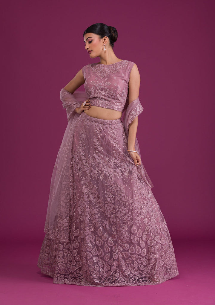 Lavender Cutdana Net Readymade Lehenga-Koskii