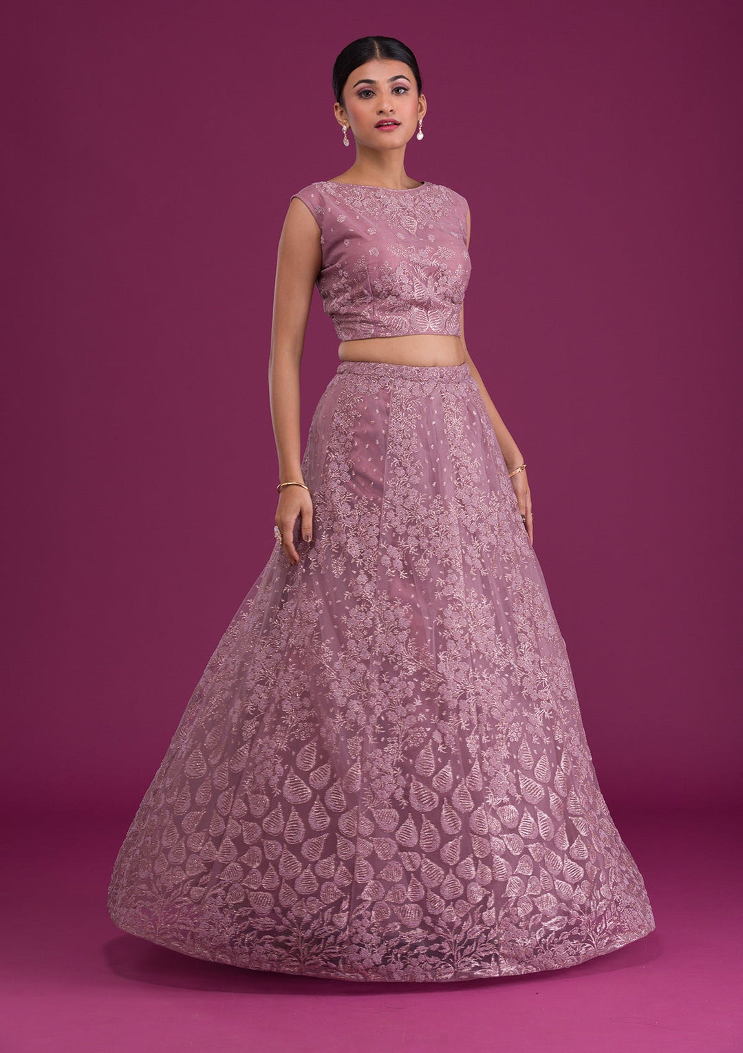 Lavender Cutdana Net Readymade Lehenga-Koskii