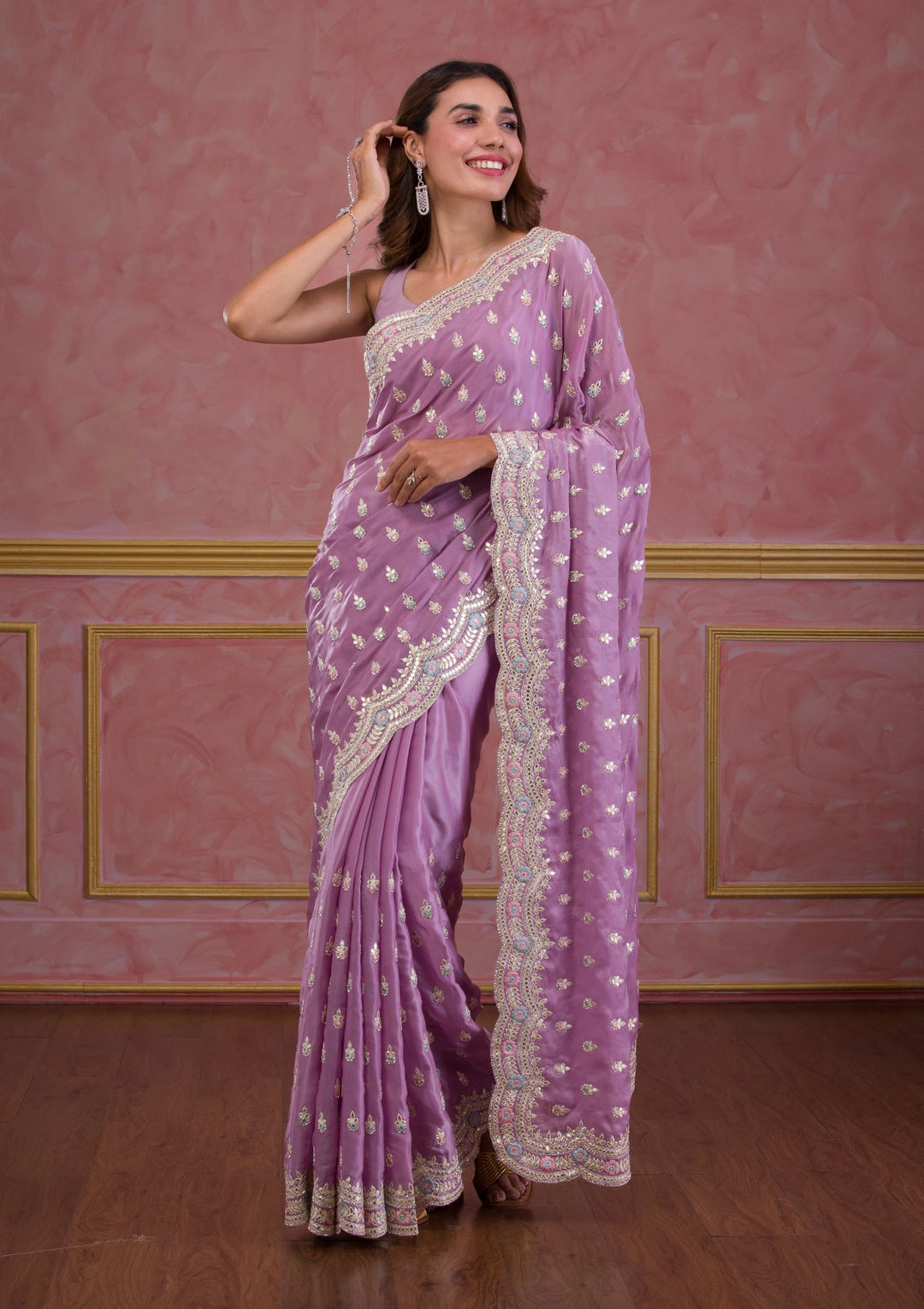 Sky Blue Mirrorwork Net Designer Saree-Koskii