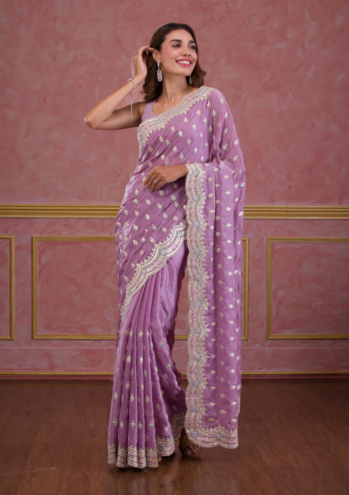 Sky Blue Mirrorwork Net Designer Saree-Koskii