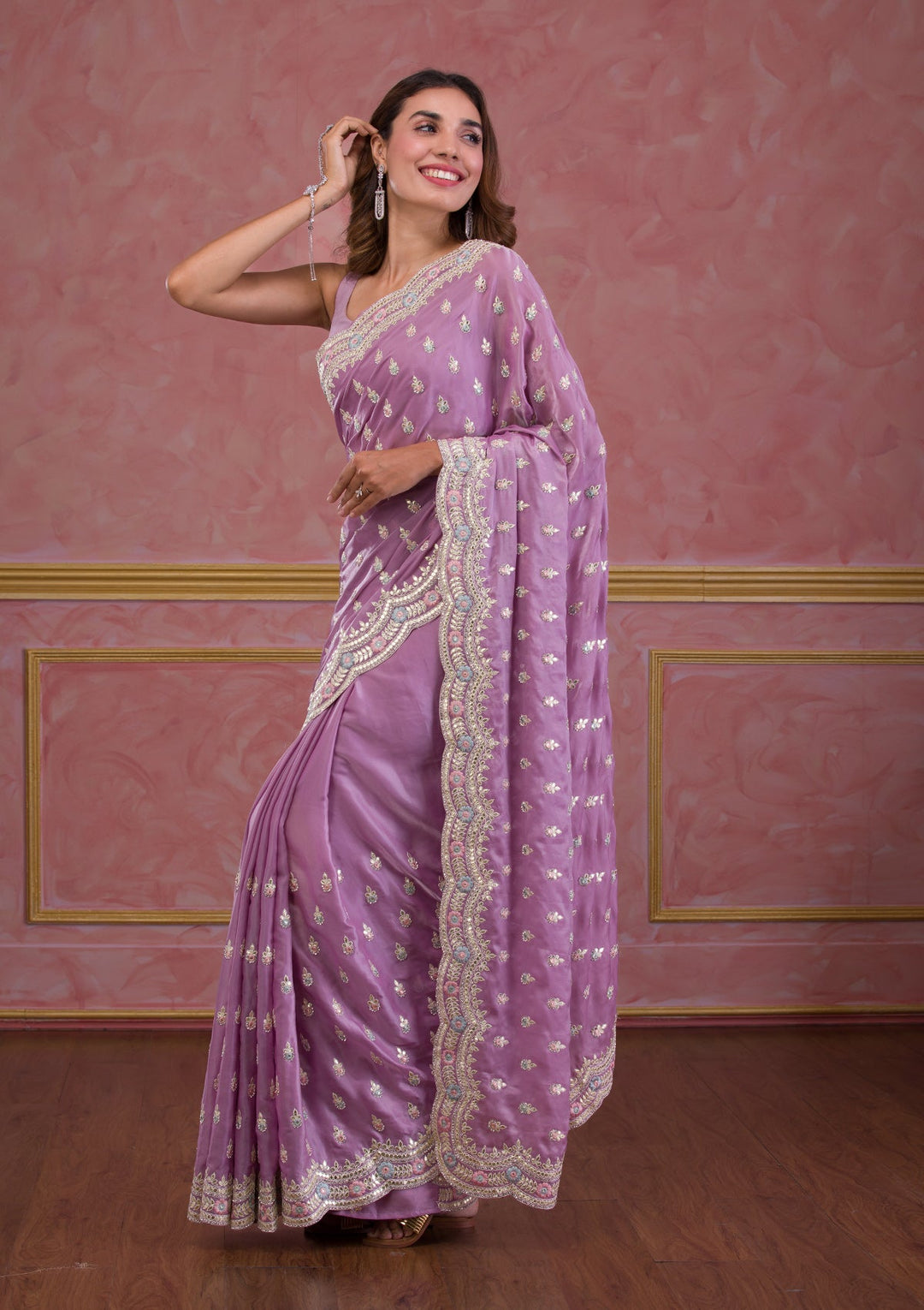 Sky Blue Mirrorwork Net Designer Saree-Koskii