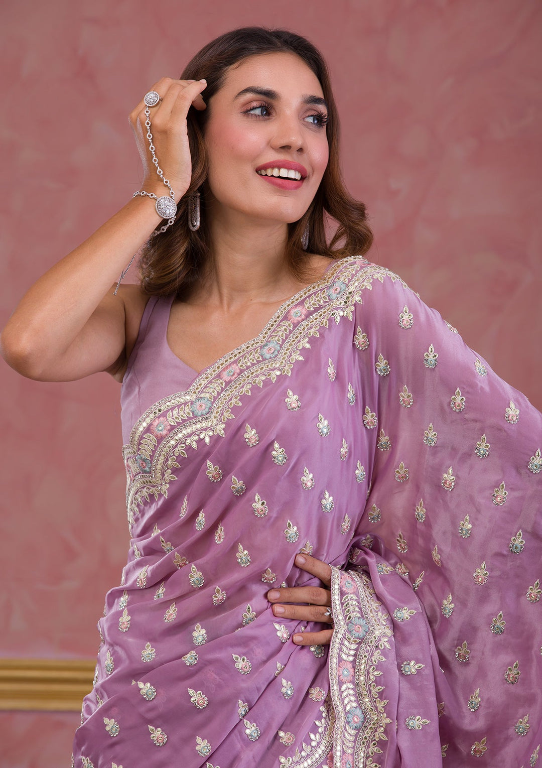 Sky Blue Mirrorwork Net Designer Saree-Koskii