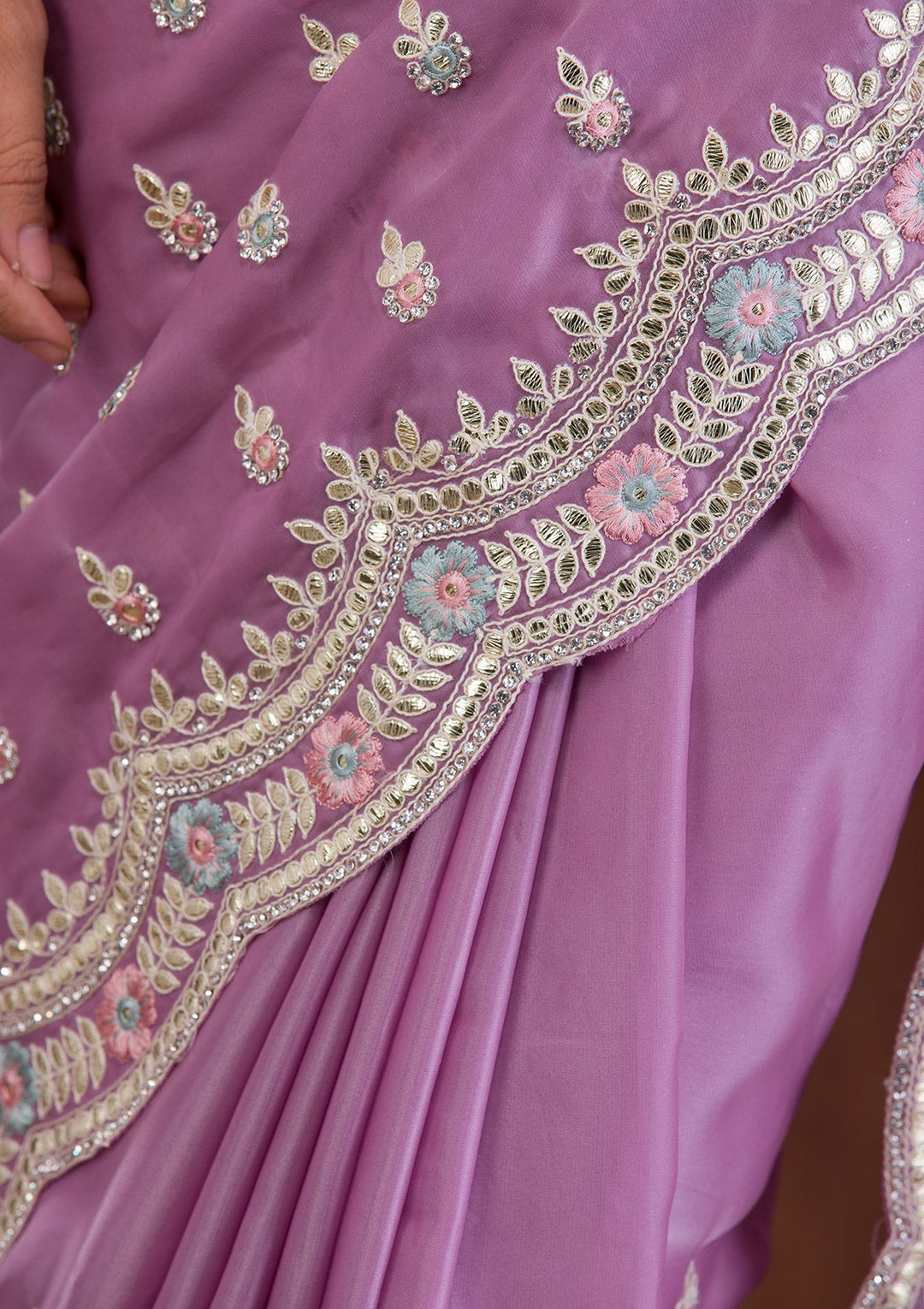 Sky Blue Mirrorwork Net Designer Saree-Koskii