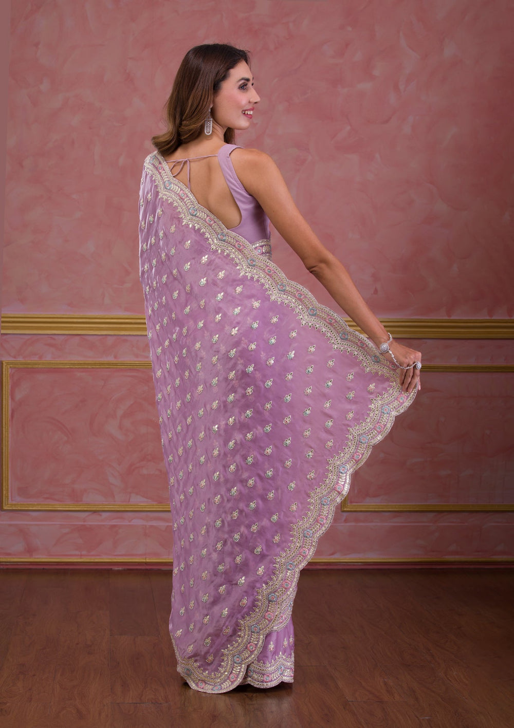 Sky Blue Mirrorwork Net Designer Saree-Koskii