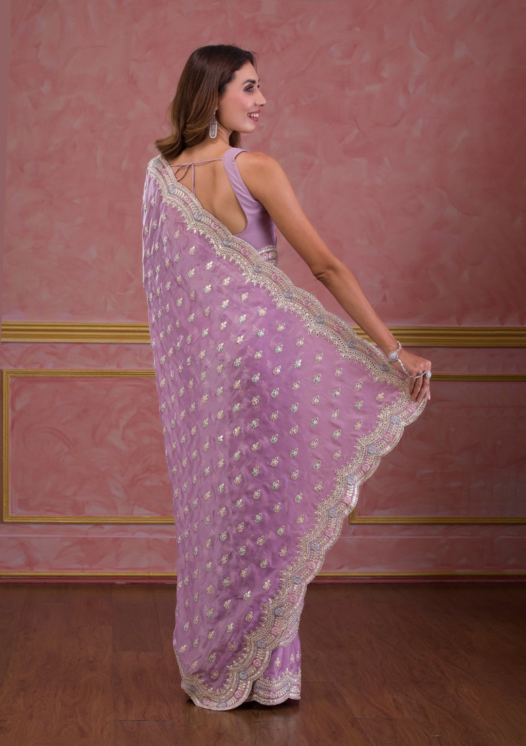 Sky Blue Mirrorwork Net Designer Saree-Koskii