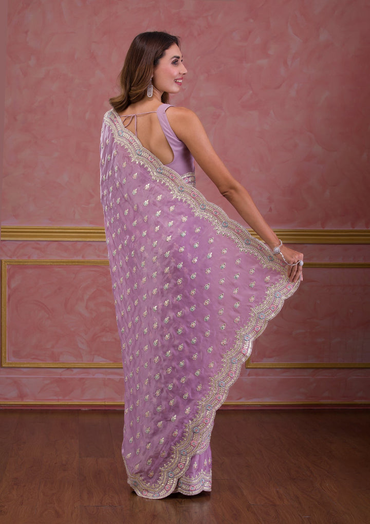 Sky Blue Mirrorwork Net Designer Saree-Koskii