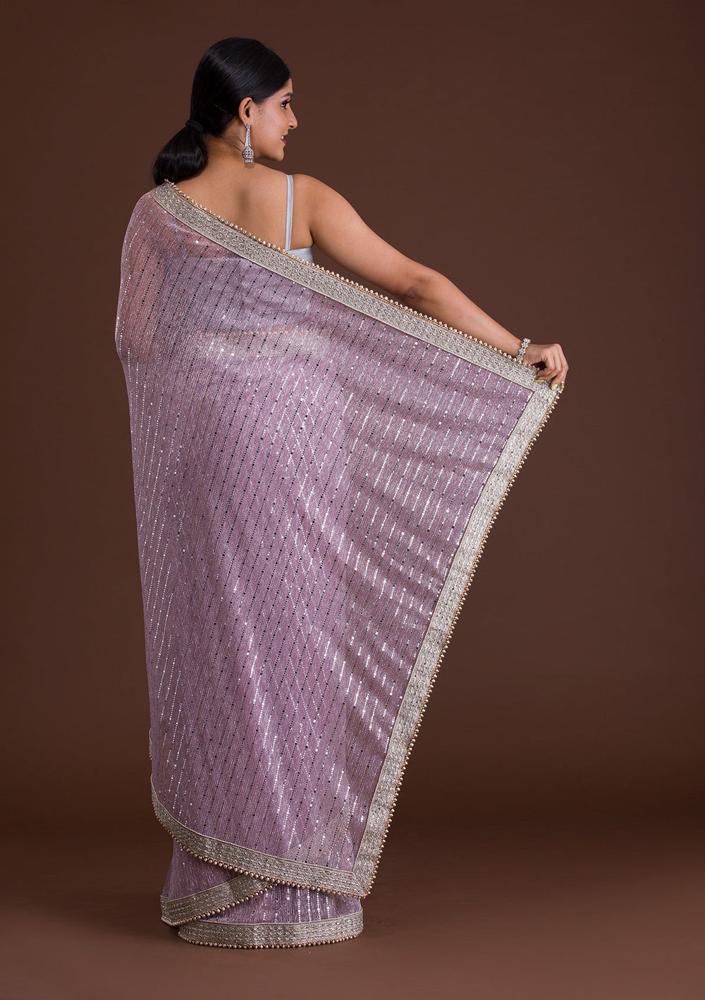 Lavender Mirrorwork Net Saree-Koskii