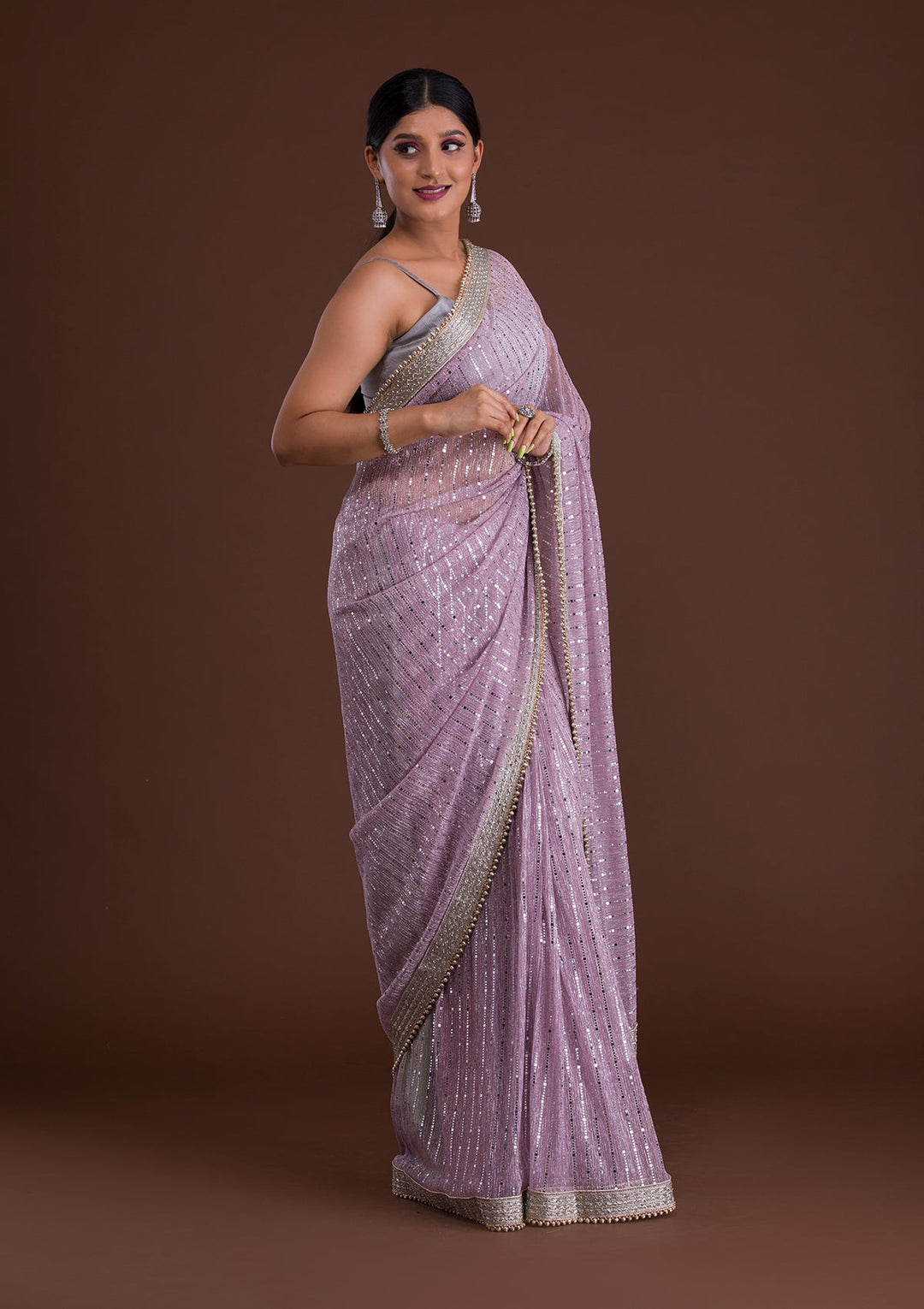 Lavender Mirrorwork Net Saree-Koskii