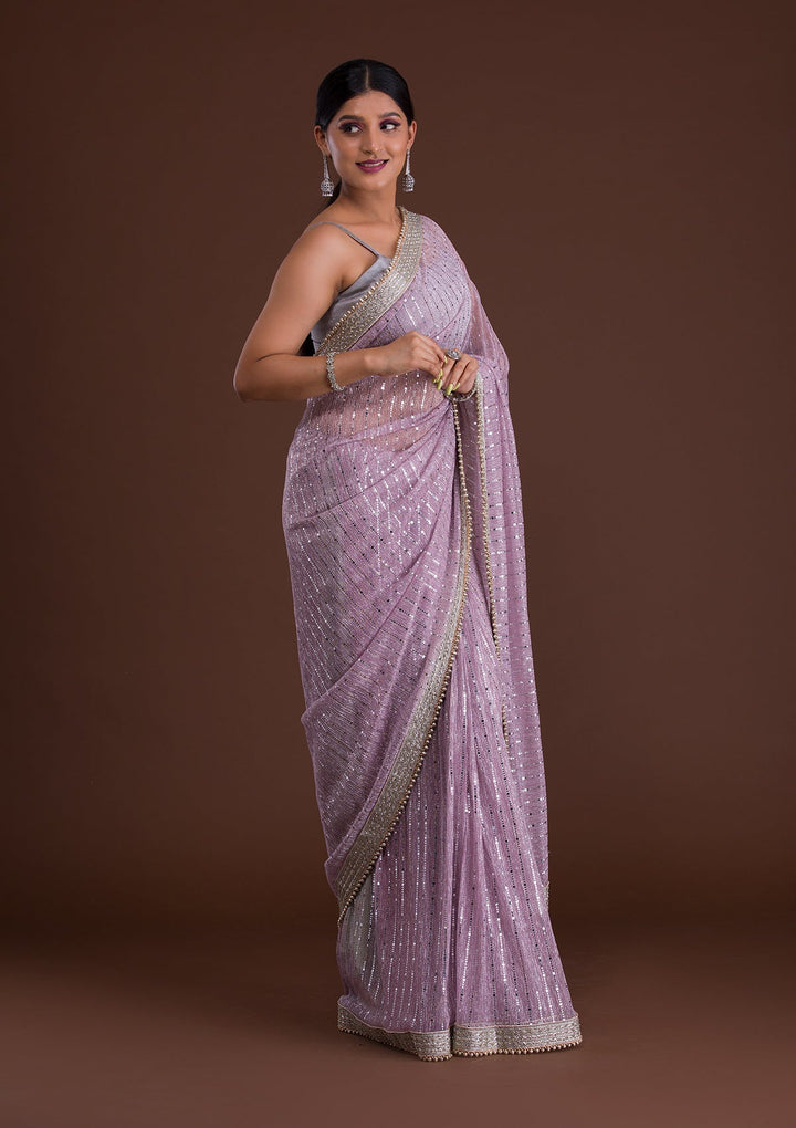 Lavender Mirrorwork Net Saree-Koskii