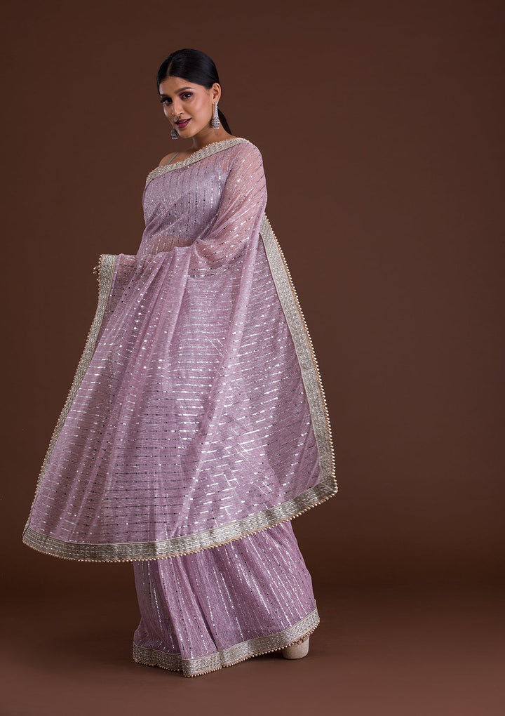 Lavender Mirrorwork Net Saree-Koskii