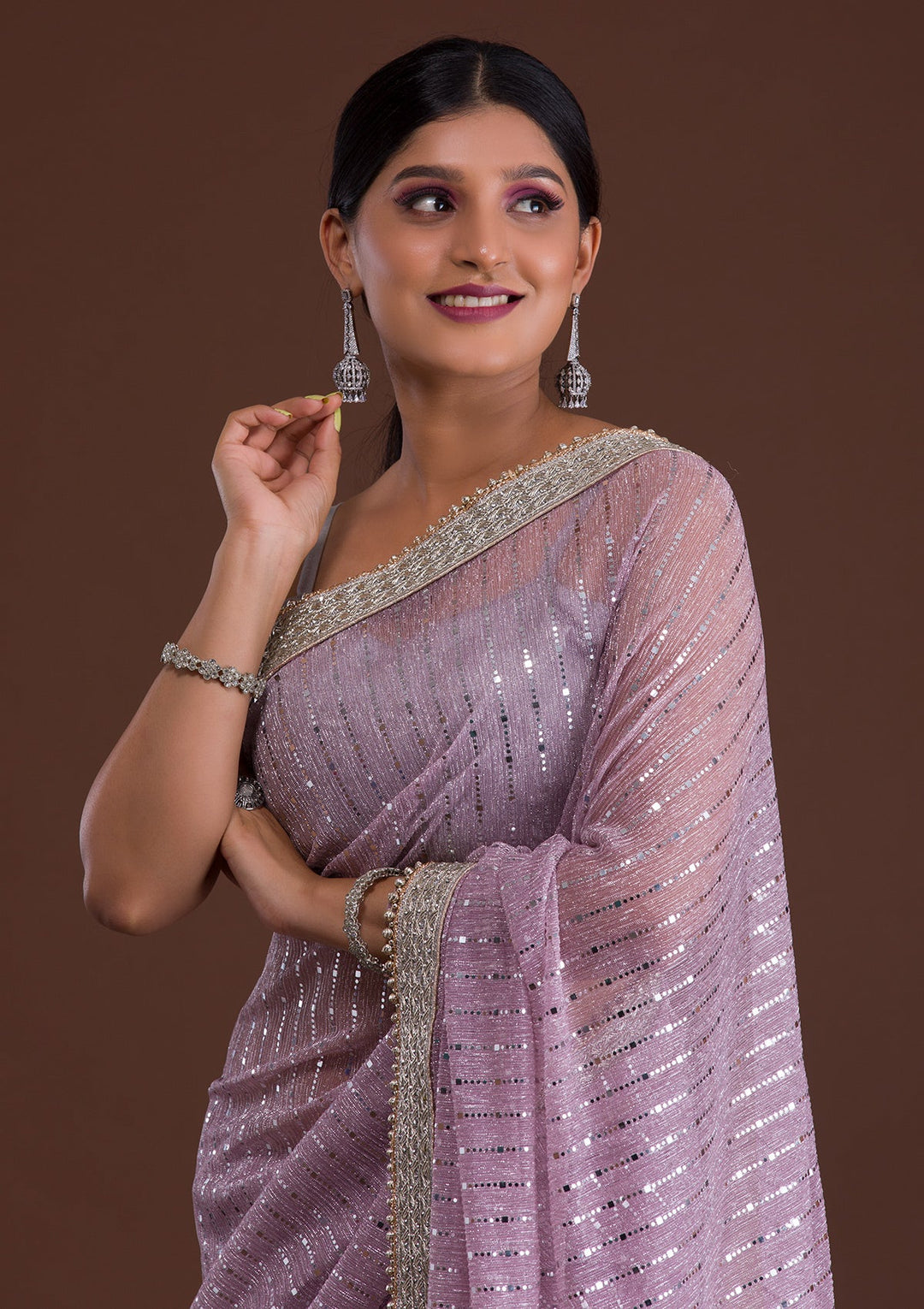 Lavender Mirrorwork Net Saree-Koskii