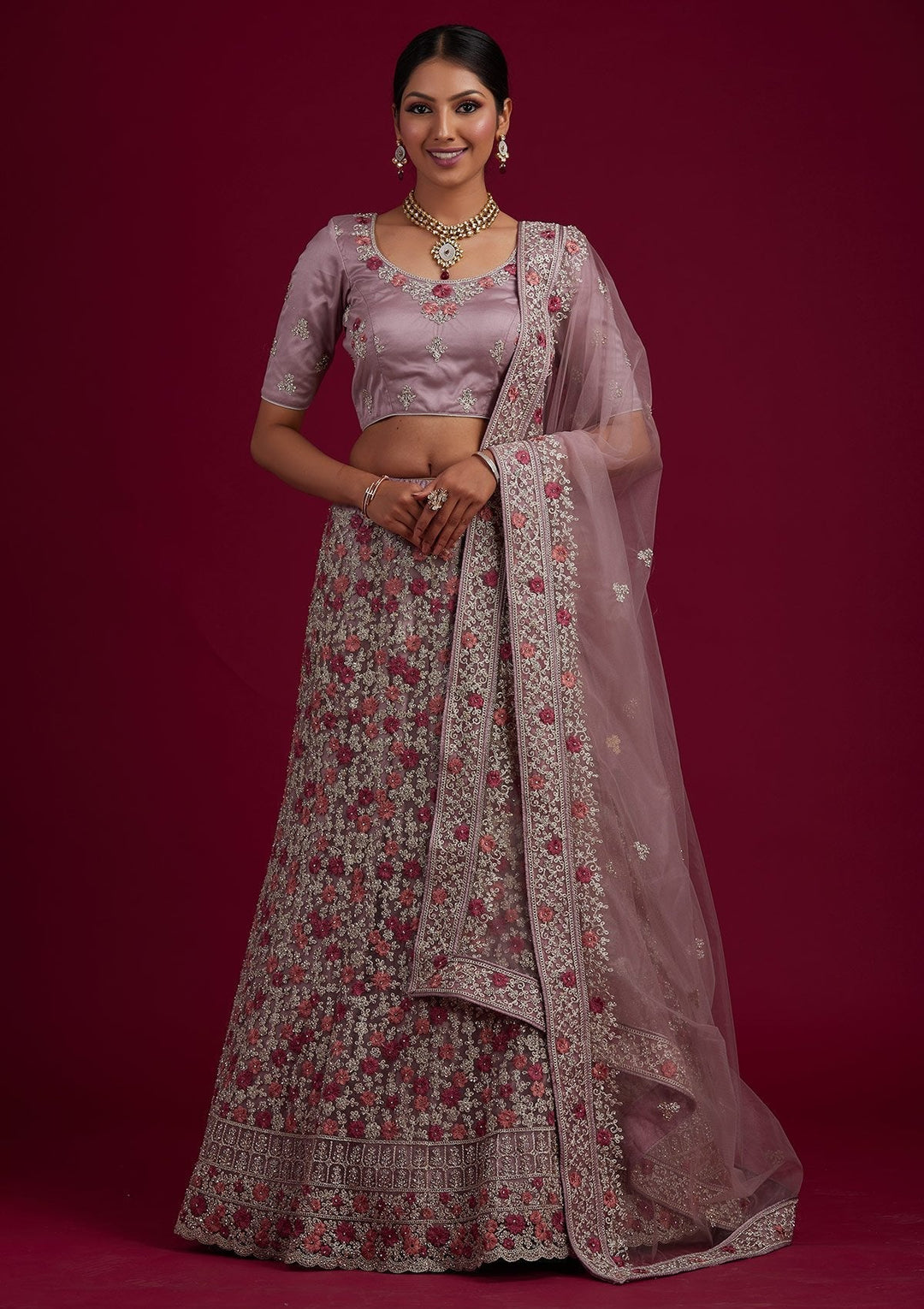 Lavender Silver Zariwork Net Designer Semi-Stitched Lehenga - koskii