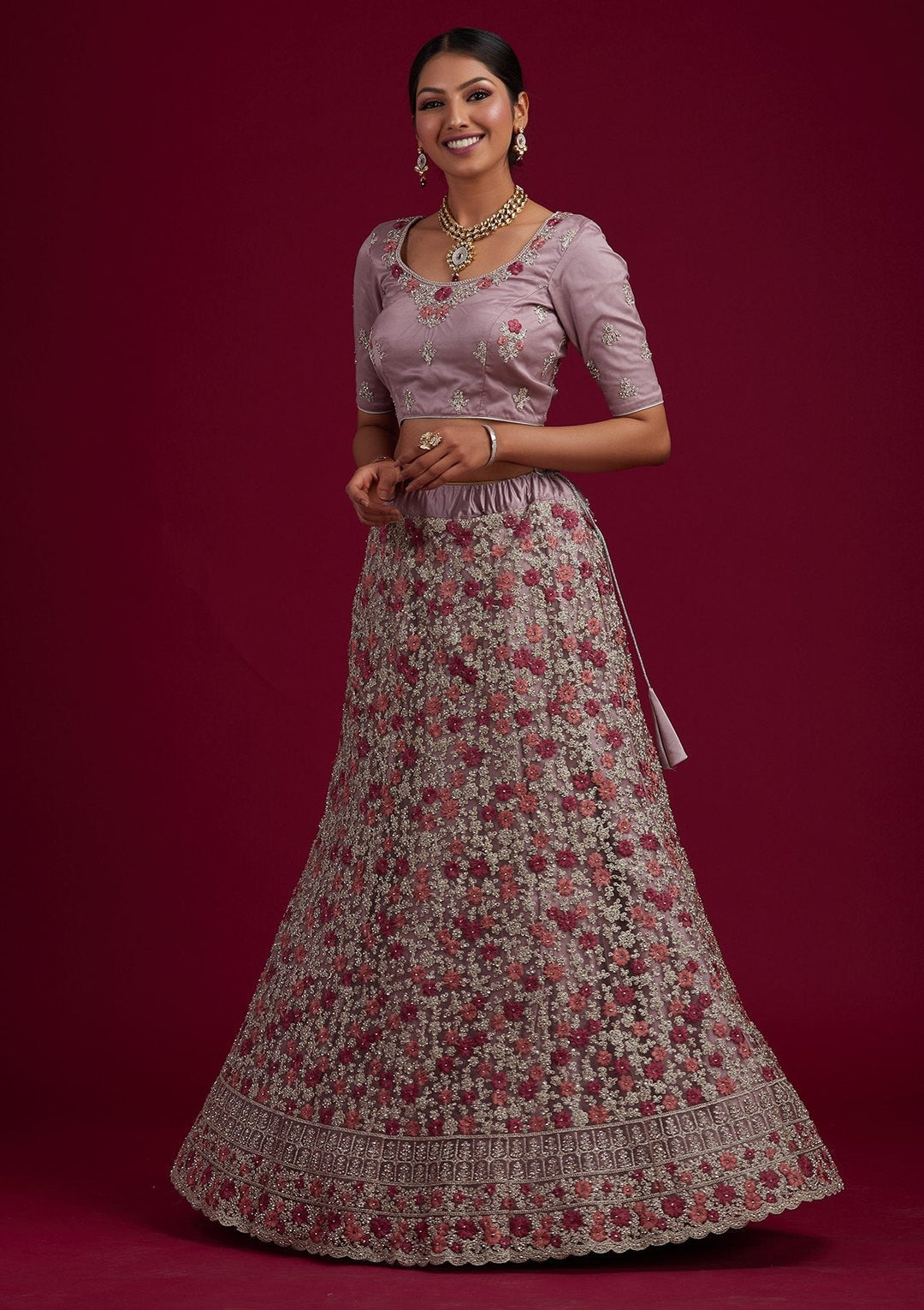 Lavender Silver Zariwork Net Designer Semi-Stitched Lehenga - koskii