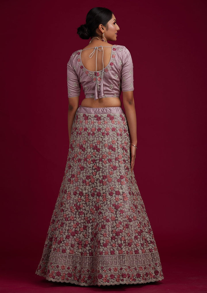 Lavender Silver Zariwork Net Designer Semi-Stitched Lehenga - koskii