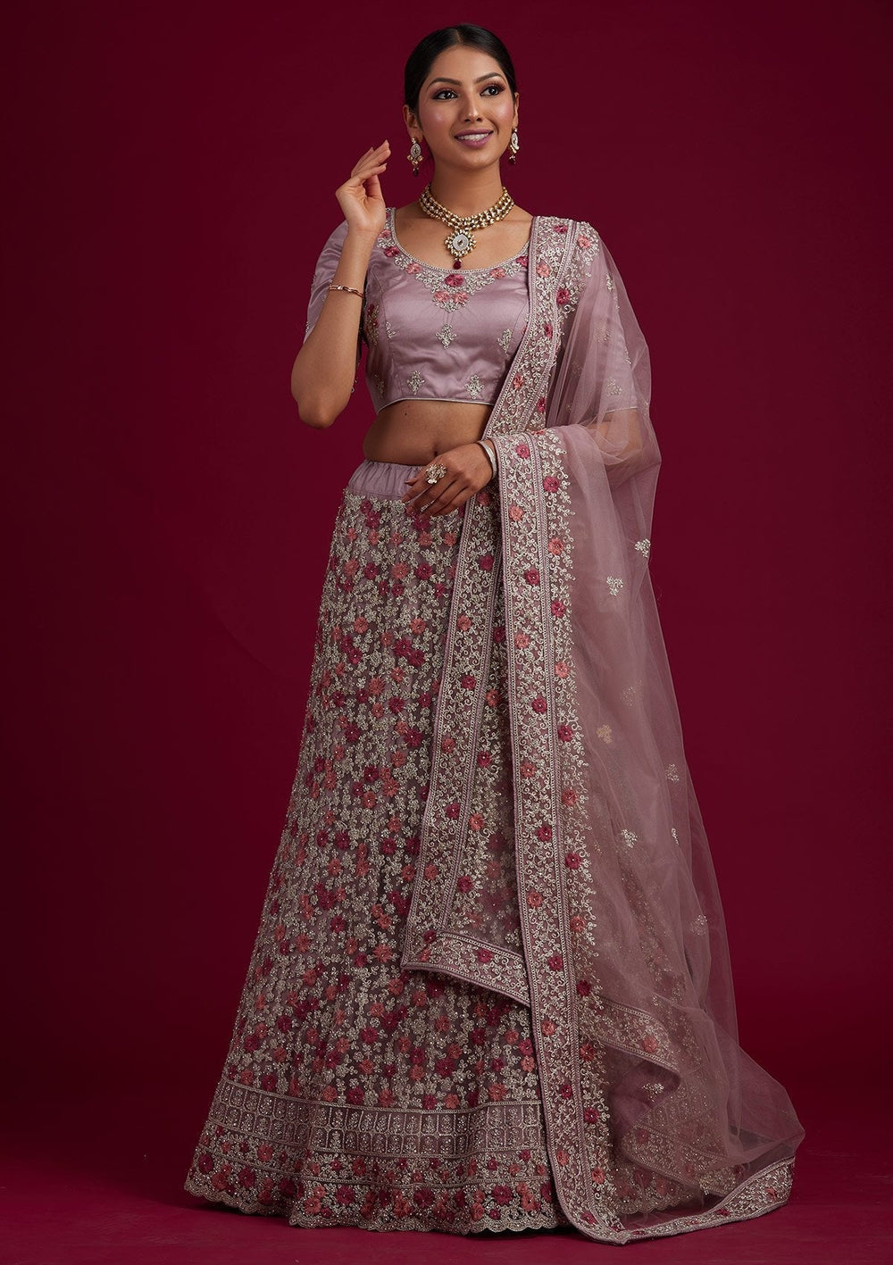 Lavender Silver Zariwork Net Designer Semi-Stitched Lehenga - koskii